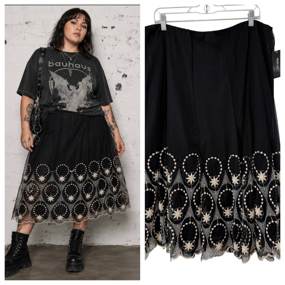 NWT Black Tulle Layered Mesh Embroidered Pull On Midi Skirt 2X Whimsigoth Grunge